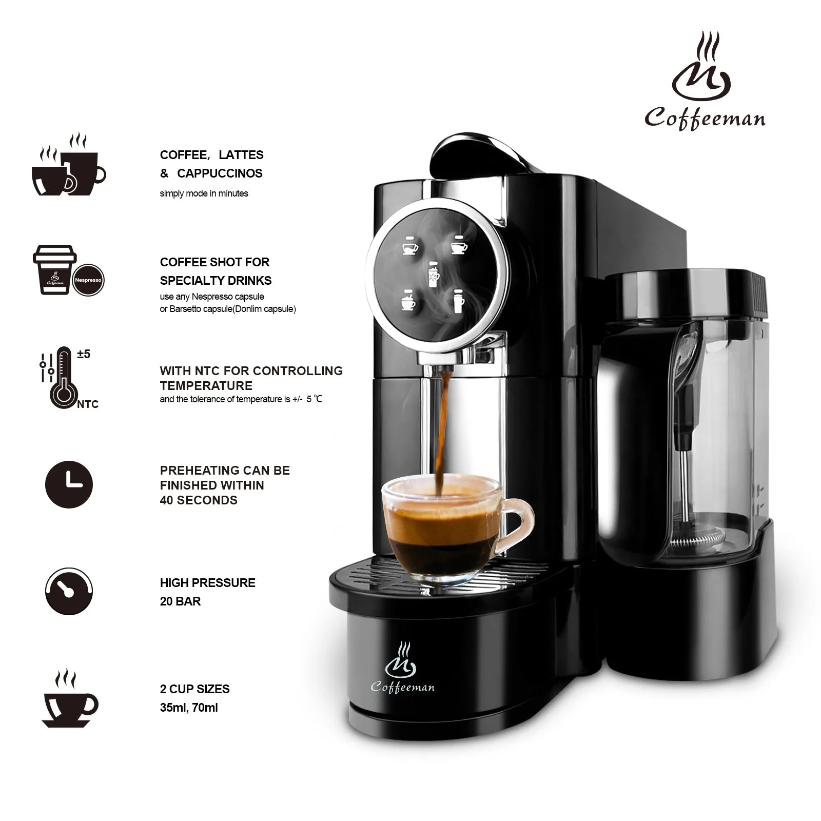 20 Bar Espresso Capsule Coffee Machine with Foaming Milk Frother 2 Cups