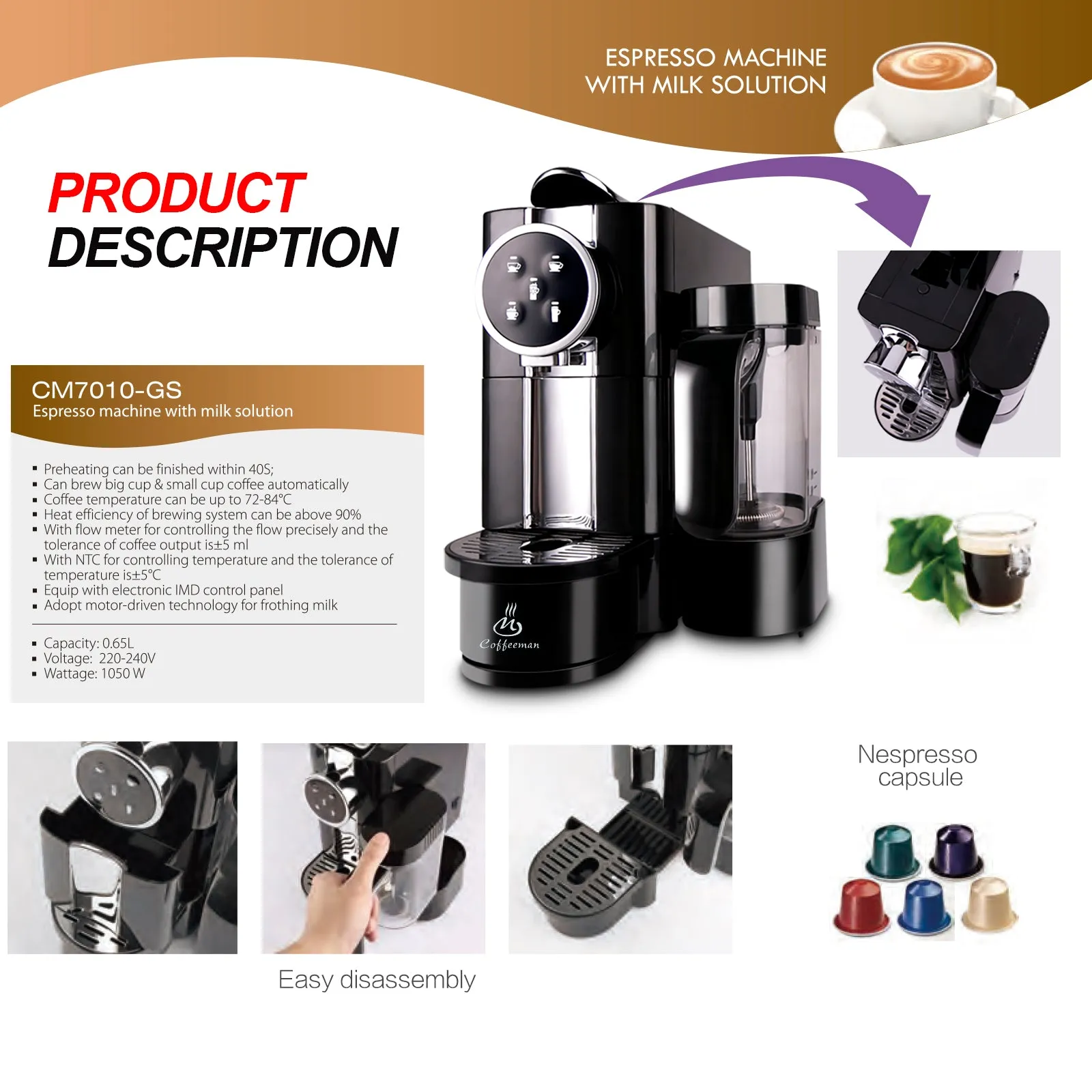 20 Bar Espresso Capsule Coffee Machine with Foaming Milk Frother 2 Cups