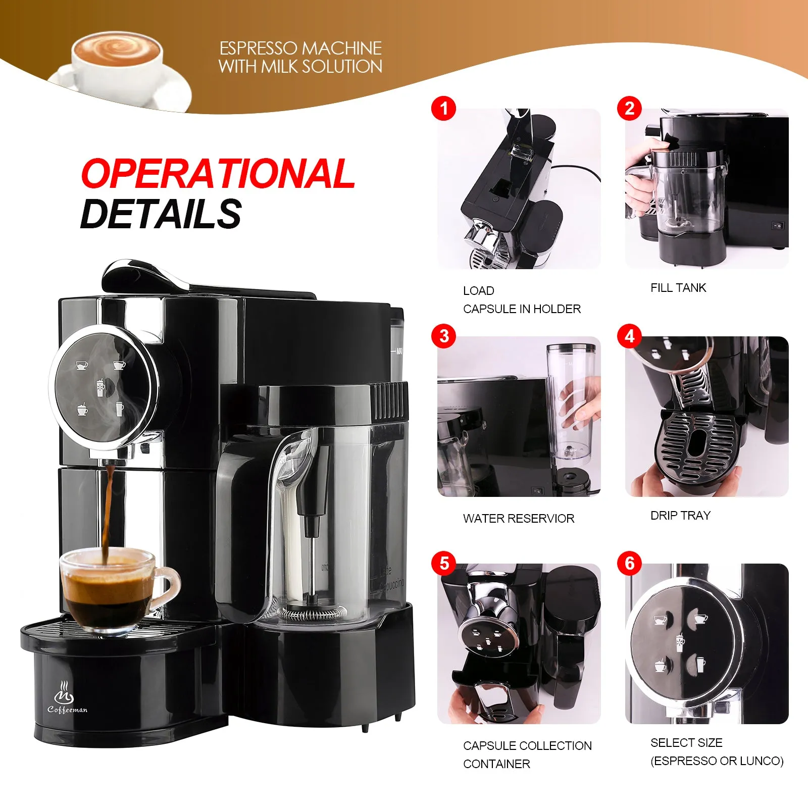 20 Bar Espresso Capsule Coffee Machine with Foaming Milk Frother 2 Cups