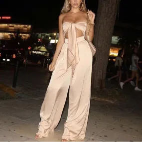 2pcs Women Wholesale Pants Sets Off-Shoulder Crop Top   Wide Leg Pants