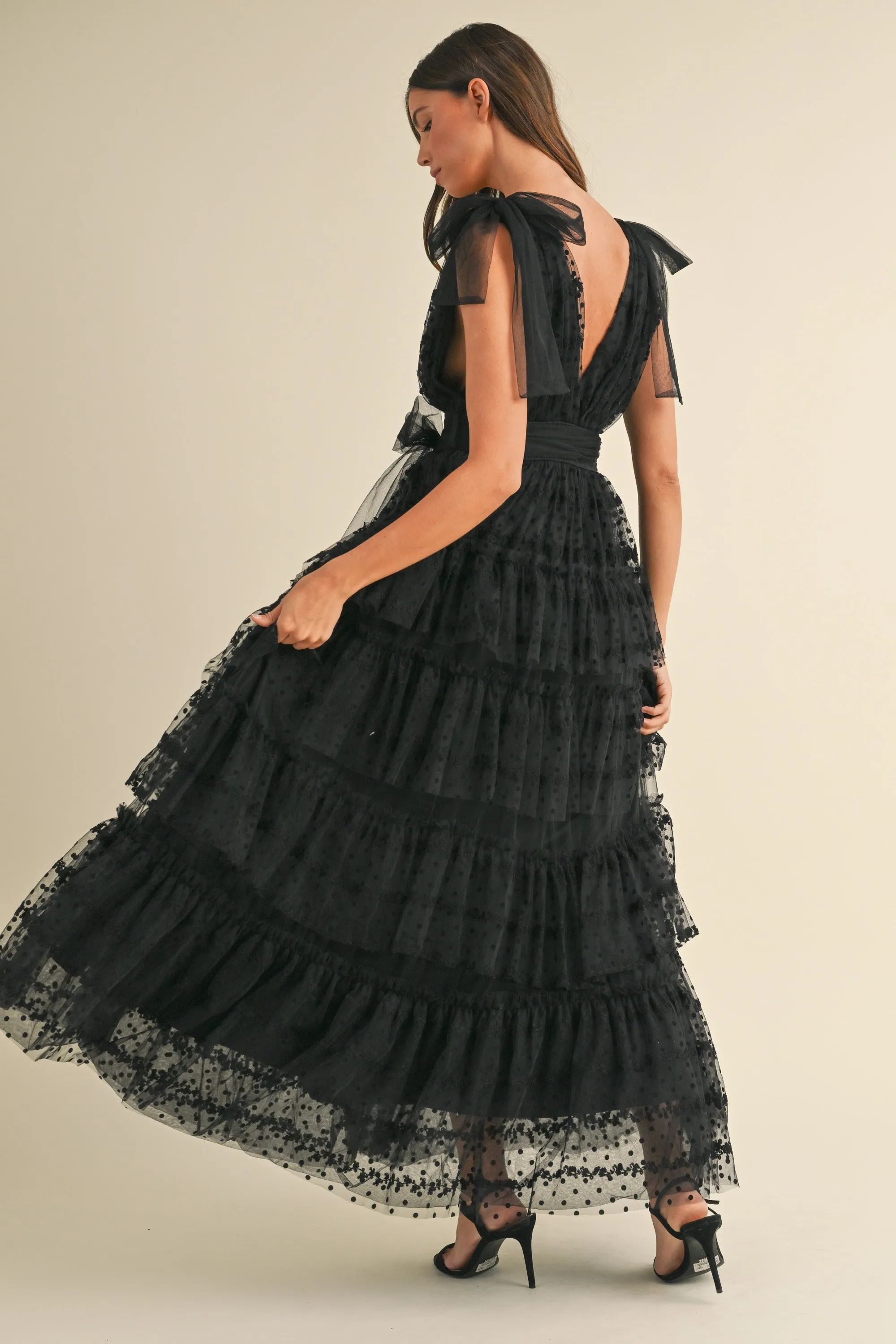 ABIGAIL DOT LACE MESH TIERED RUFFLE MAXI DRESS