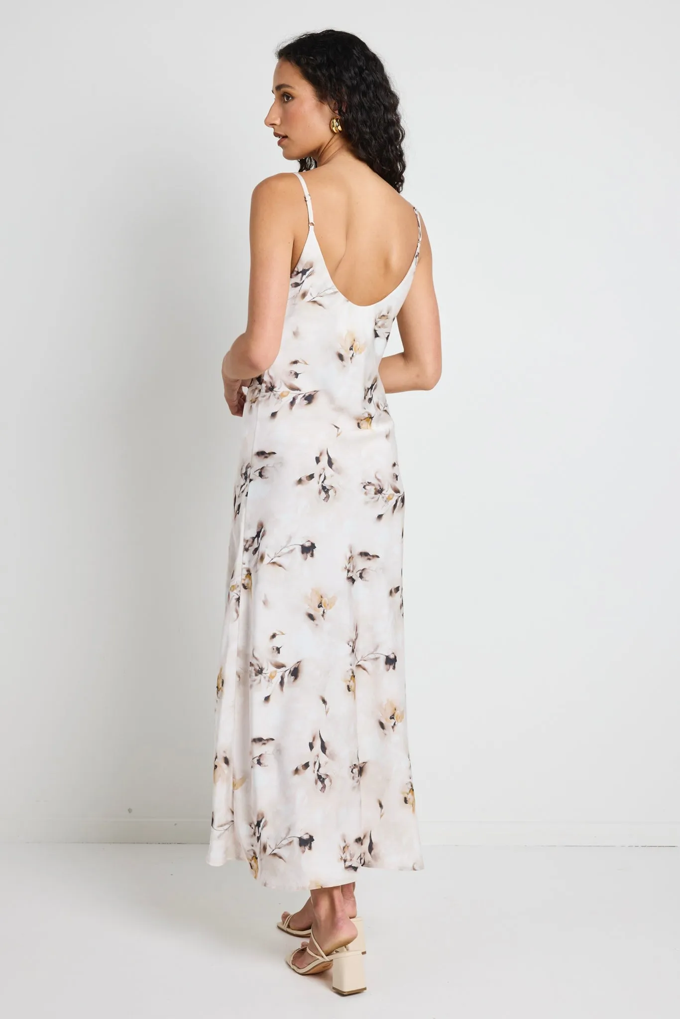 AMONG THE BRAVE OTHERWORDLY SATIN BIAS SLIP MIDI DRESS