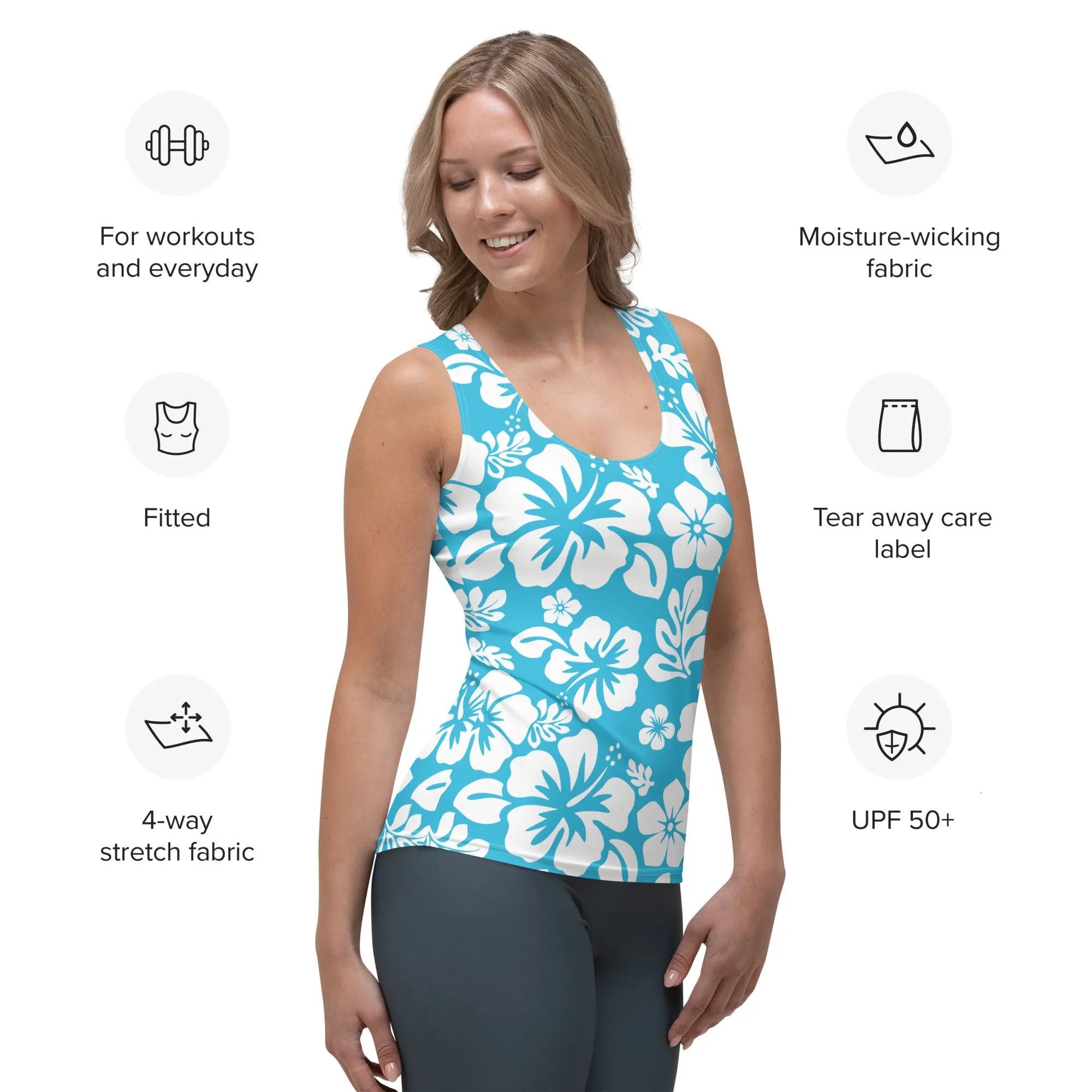 Aqua Blue and White Hawaiian Flowers Women's Athletic Swim Tank Top