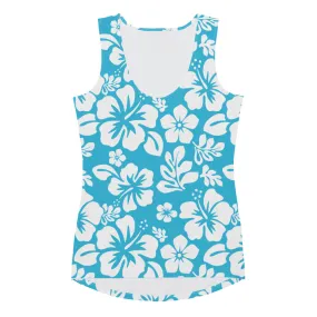 Aqua Blue and White Hawaiian Flowers Women's Athletic Swim Tank Top