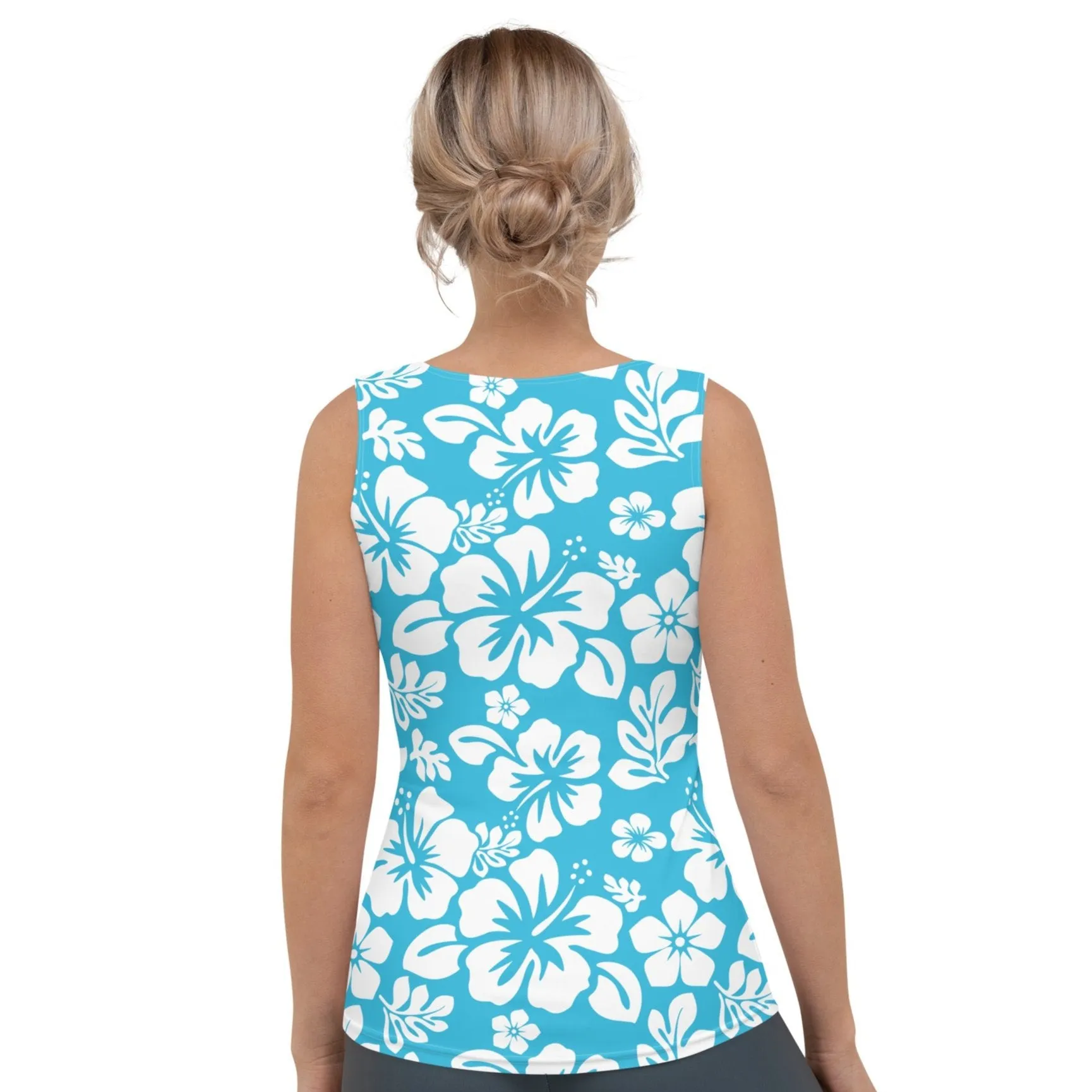 Aqua Blue and White Hawaiian Flowers Women's Athletic Swim Tank Top