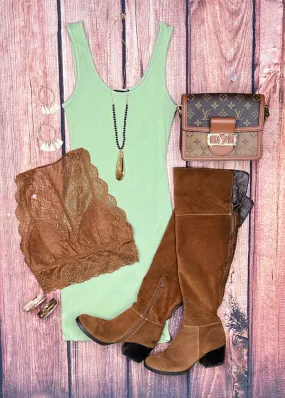 Basic Ribbed Tank Dress - Sage