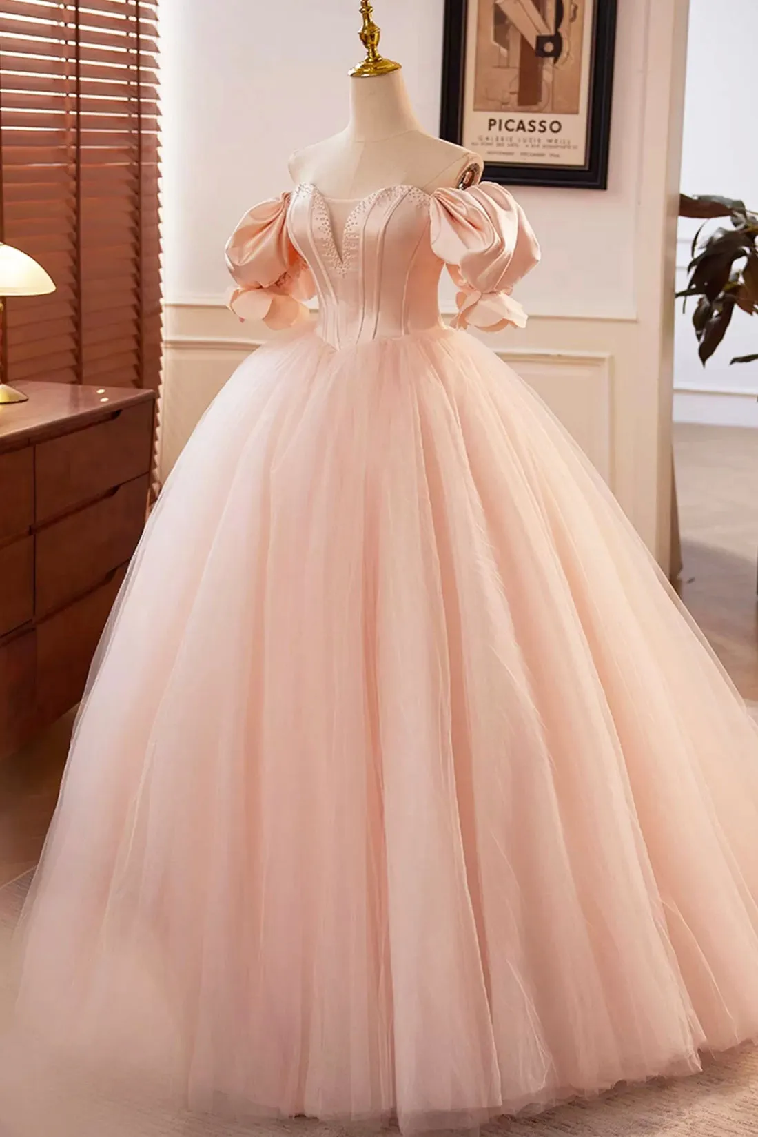 Beautiful Blushing Pink Beading Prom Dresses, Off the Shoulder Puffy Short Sleeve Backless Floor-Length Party Dresses