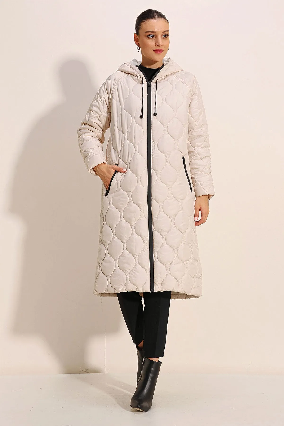 BGD Women Hooded Long Quilted Coat - Ecru - Avondale