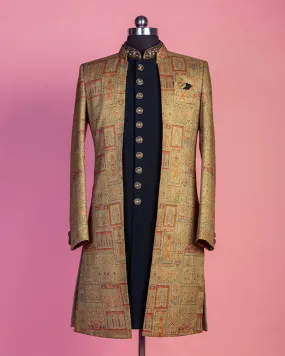 Black Kurta Golden Overcoat and Pyjama Set for Groom