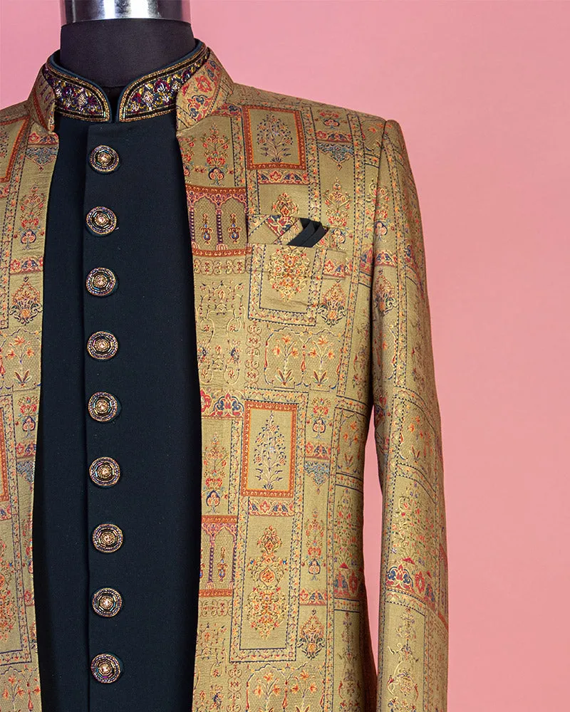 Black Kurta Golden Overcoat and Pyjama Set for Groom