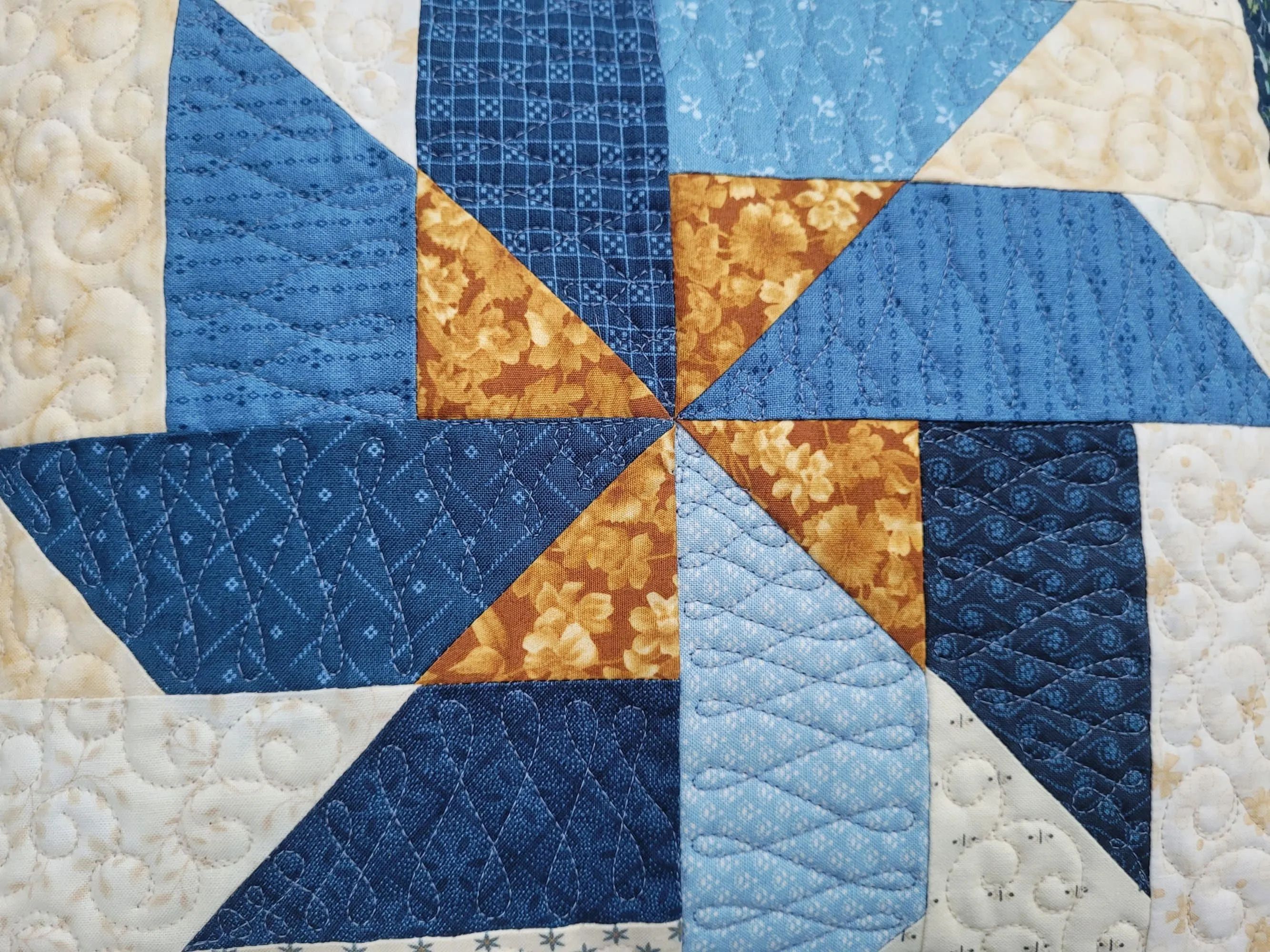 Blue Patchwork Pillow | Scrappy Pinwheel Quilted Sofa Throw Cushion
