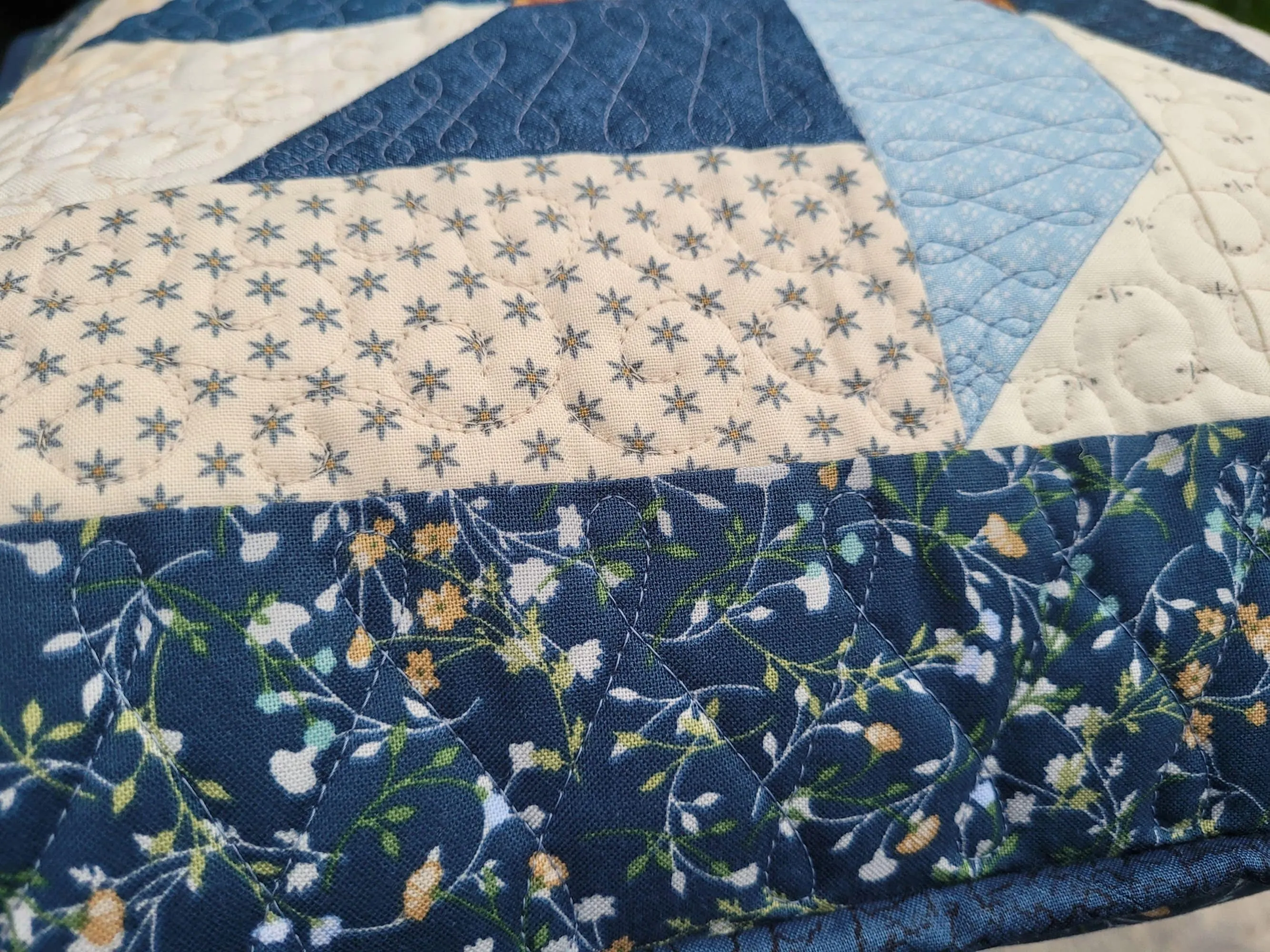 Blue Patchwork Pillow | Scrappy Pinwheel Quilted Sofa Throw Cushion