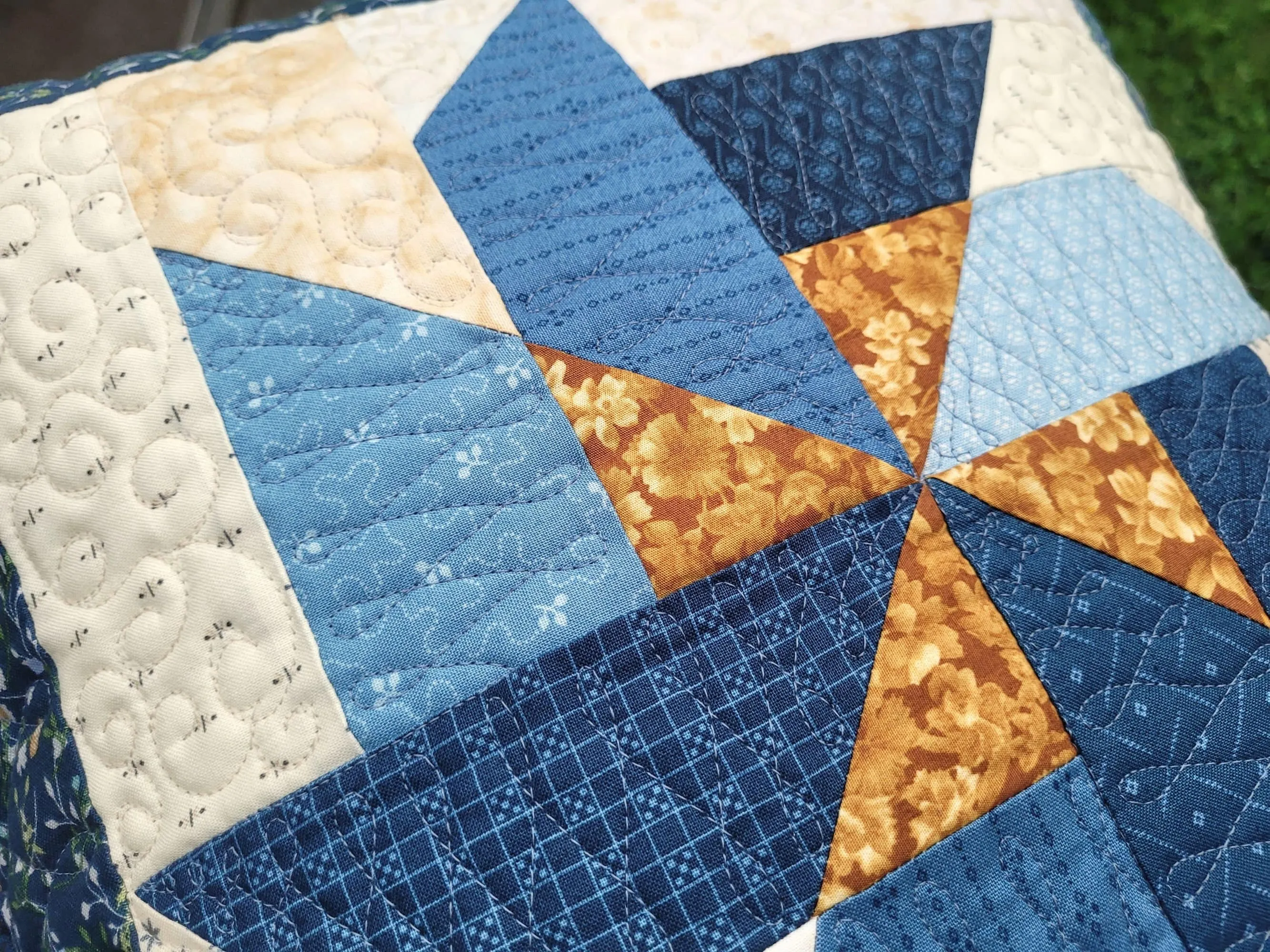 Blue Patchwork Pillow | Scrappy Pinwheel Quilted Sofa Throw Cushion