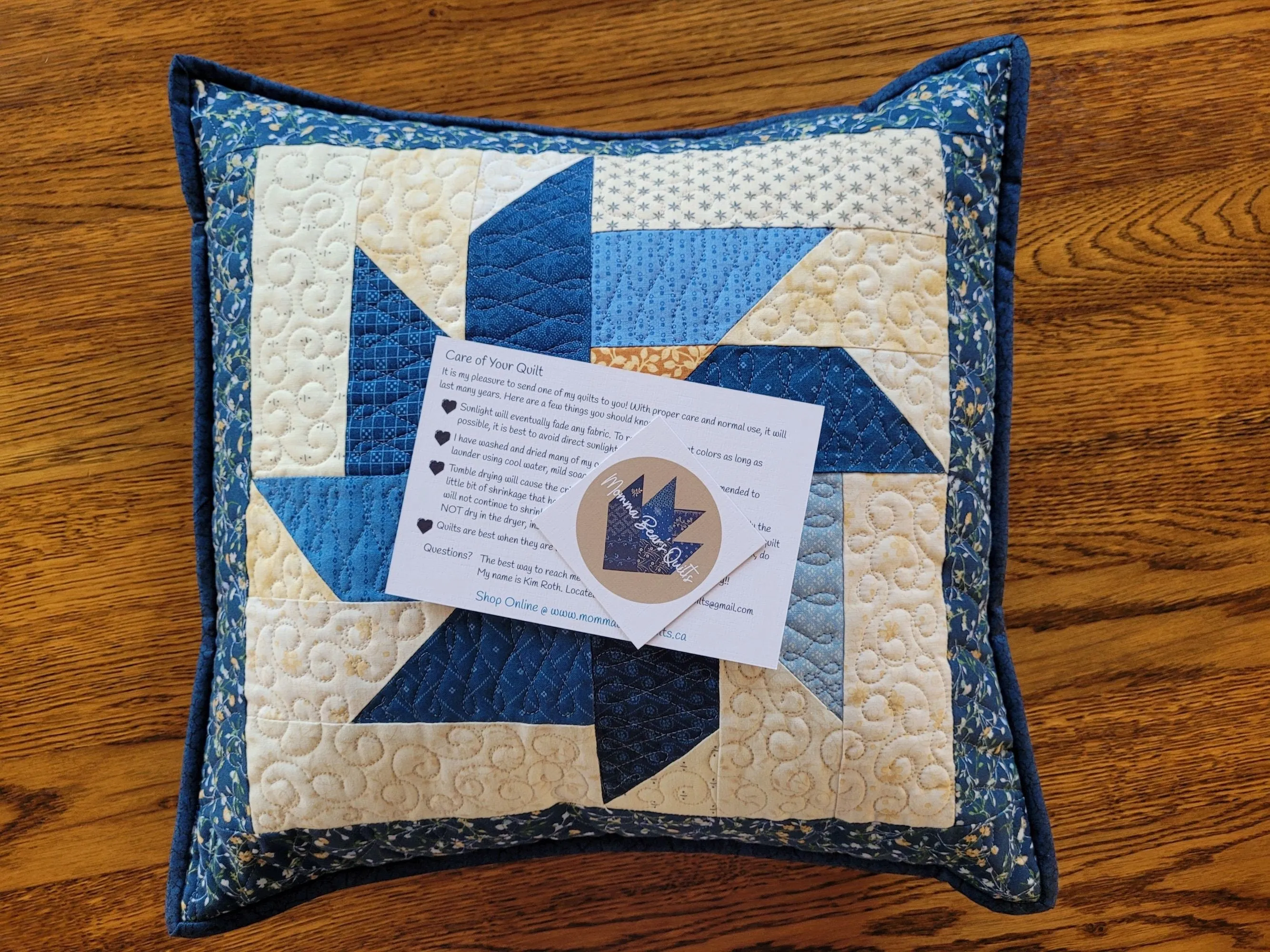 Blue Quilted Pillow | Patchwork Pinwheel Throw Cushion