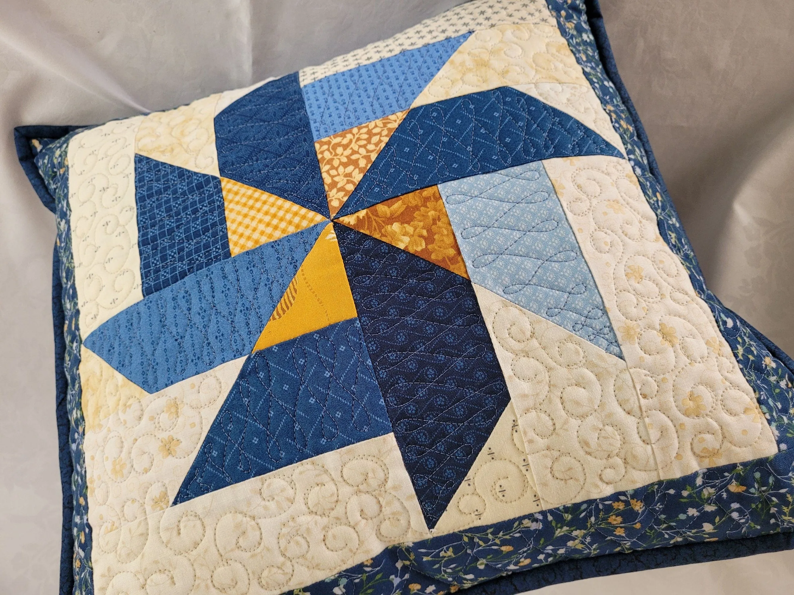 Blue Quilted Pillow | Patchwork Pinwheel Throw Cushion