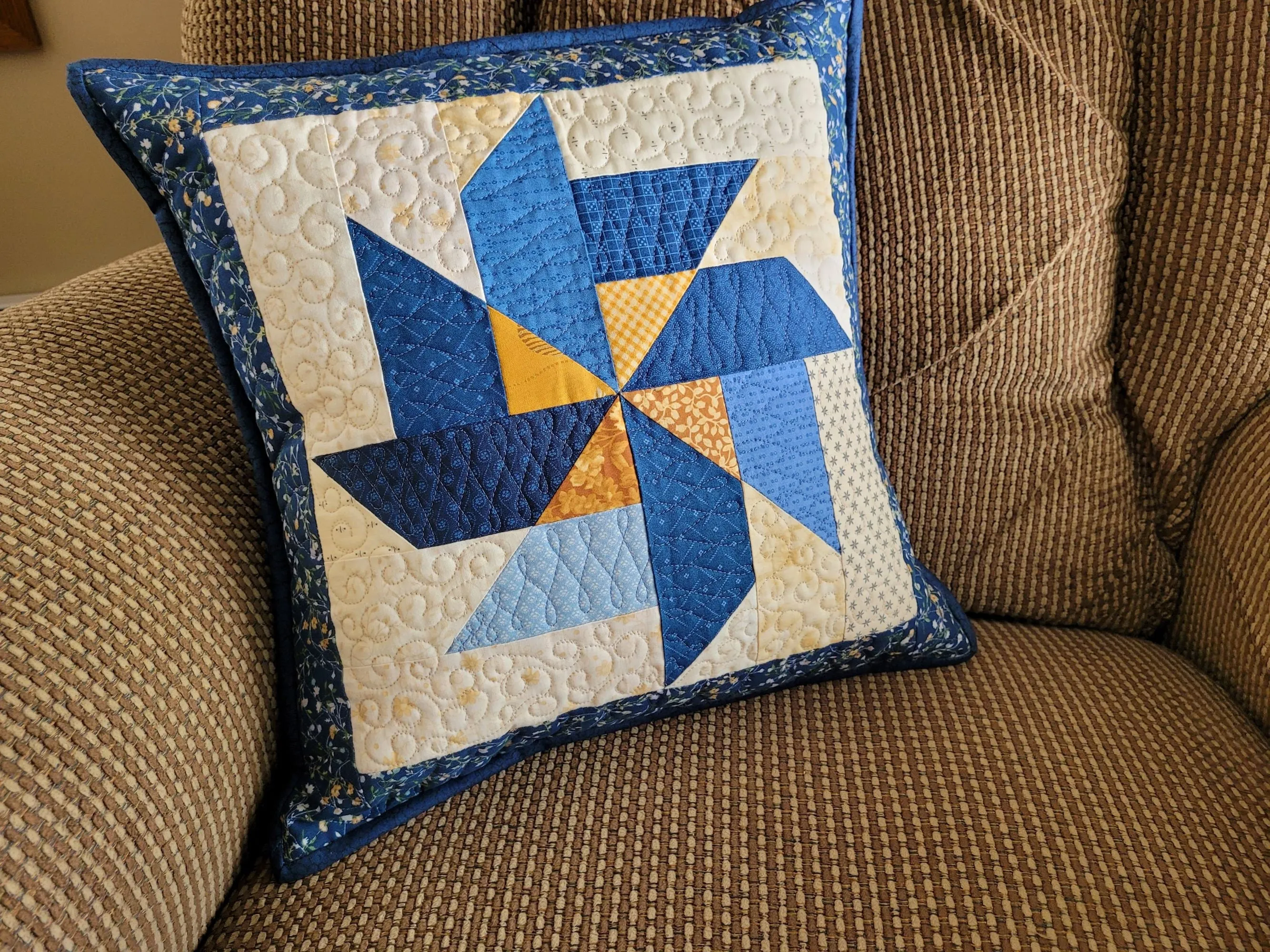 Blue Quilted Pillow | Patchwork Pinwheel Throw Cushion