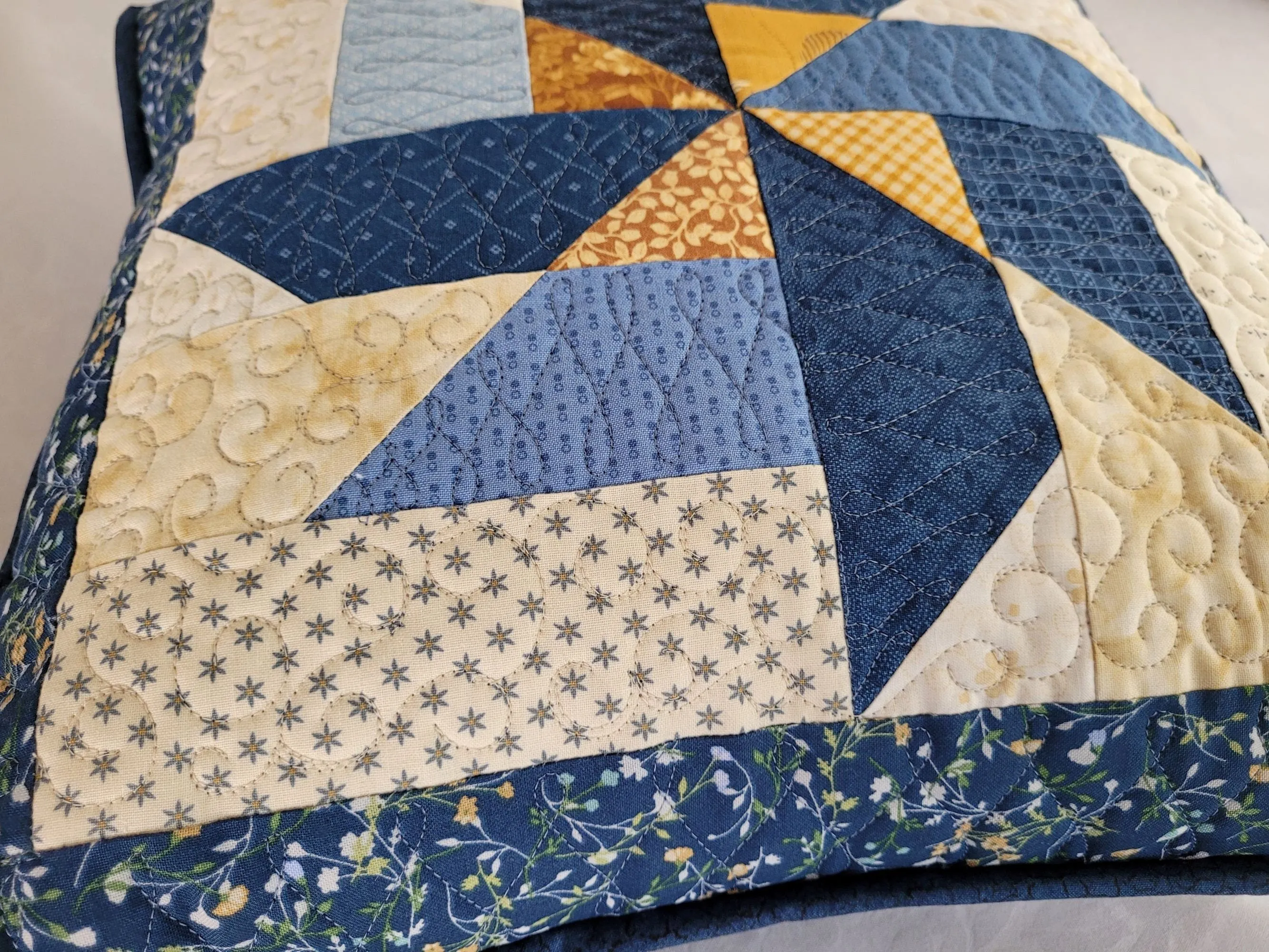 Blue Quilted Pillow | Patchwork Pinwheel Throw Cushion