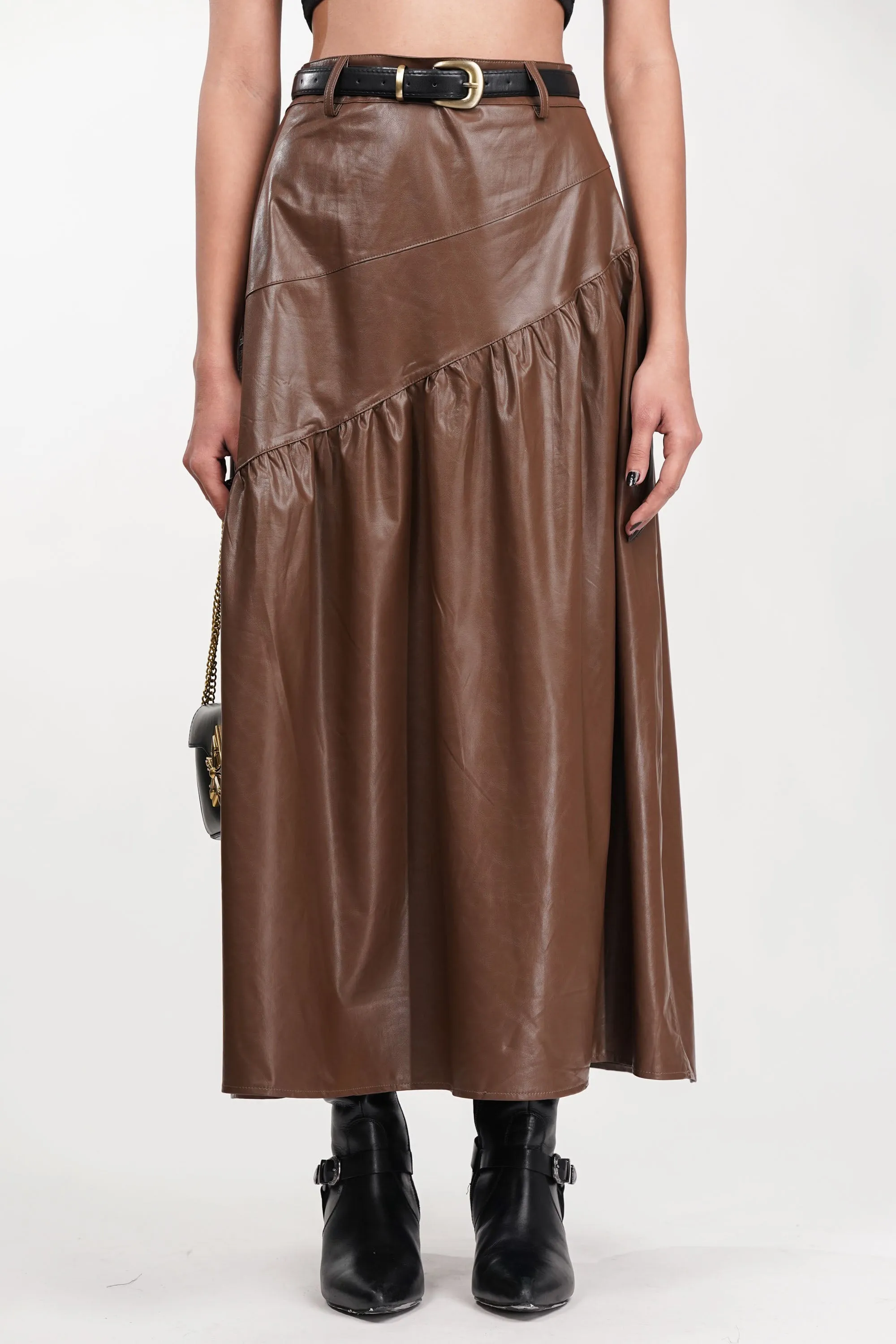 Brown Drift Pleated Leather Skirt