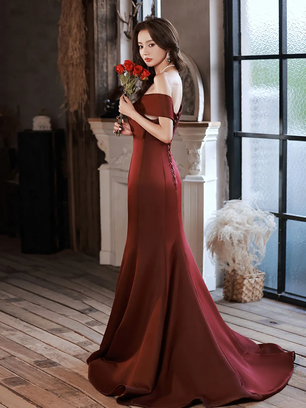 Burgundy Mermaid Sweep Train Long Prom Dress, Off Shoulder Satin Burgundy Evening Dress