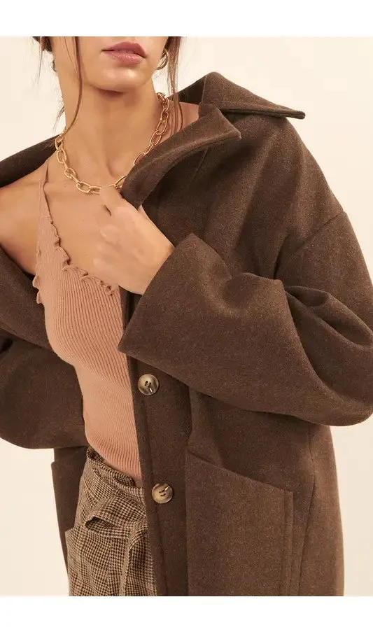 Calf-Length Overcoat with Oversized Lapels