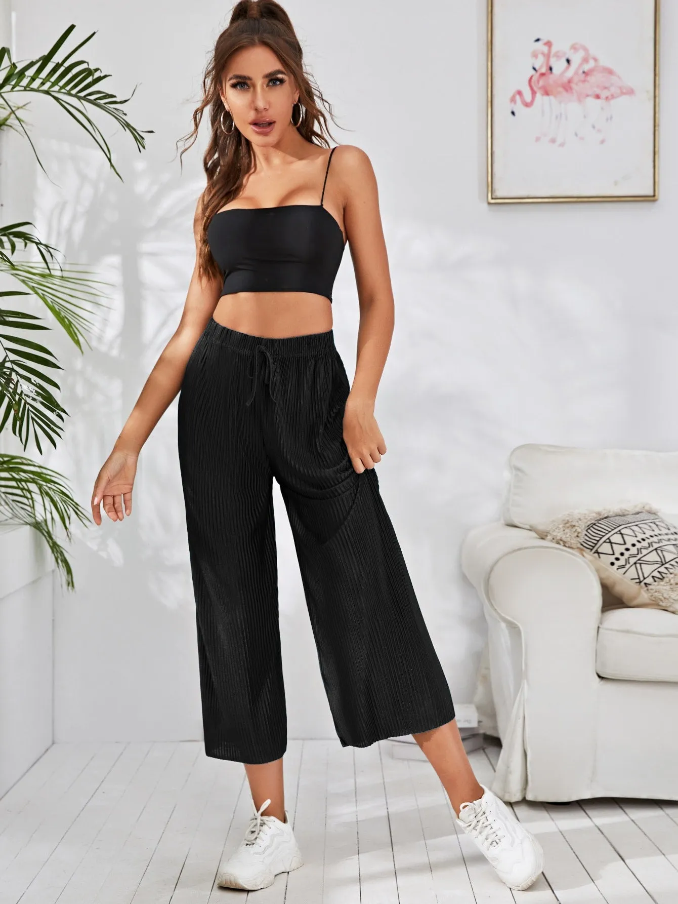 Casual Plain Pleated High Waist Cropped Women Pants