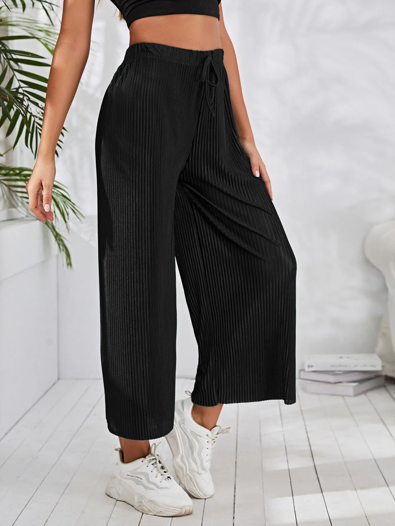 Casual Plain Pleated High Waist Cropped Women Pants