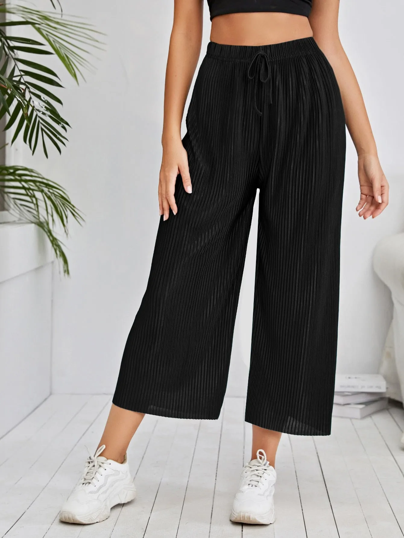 Casual Plain Pleated High Waist Cropped Women Pants