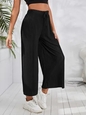 Casual Plain Pleated High Waist Cropped Women Pants