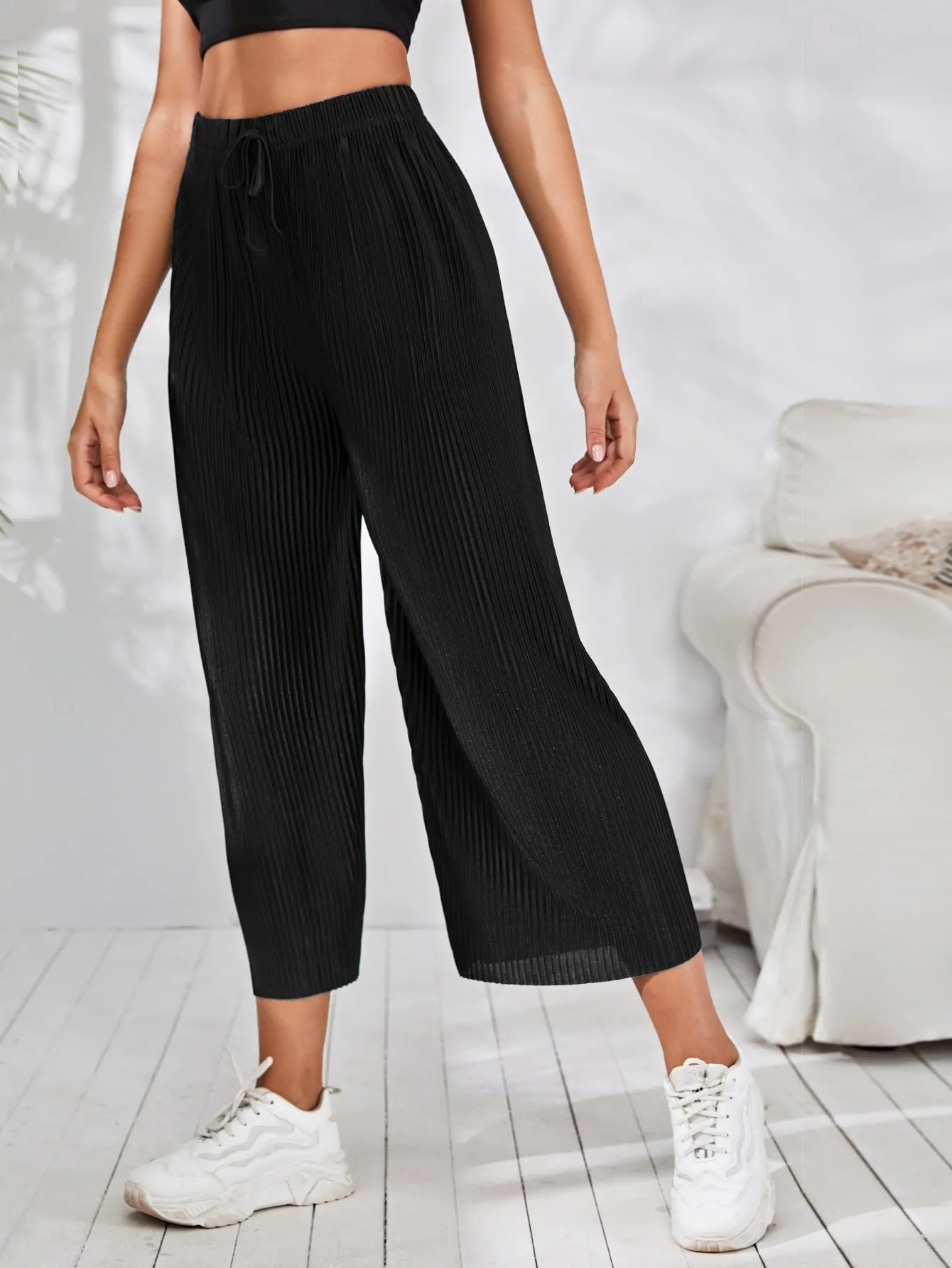 Casual Plain Pleated High Waist Cropped Women Pants