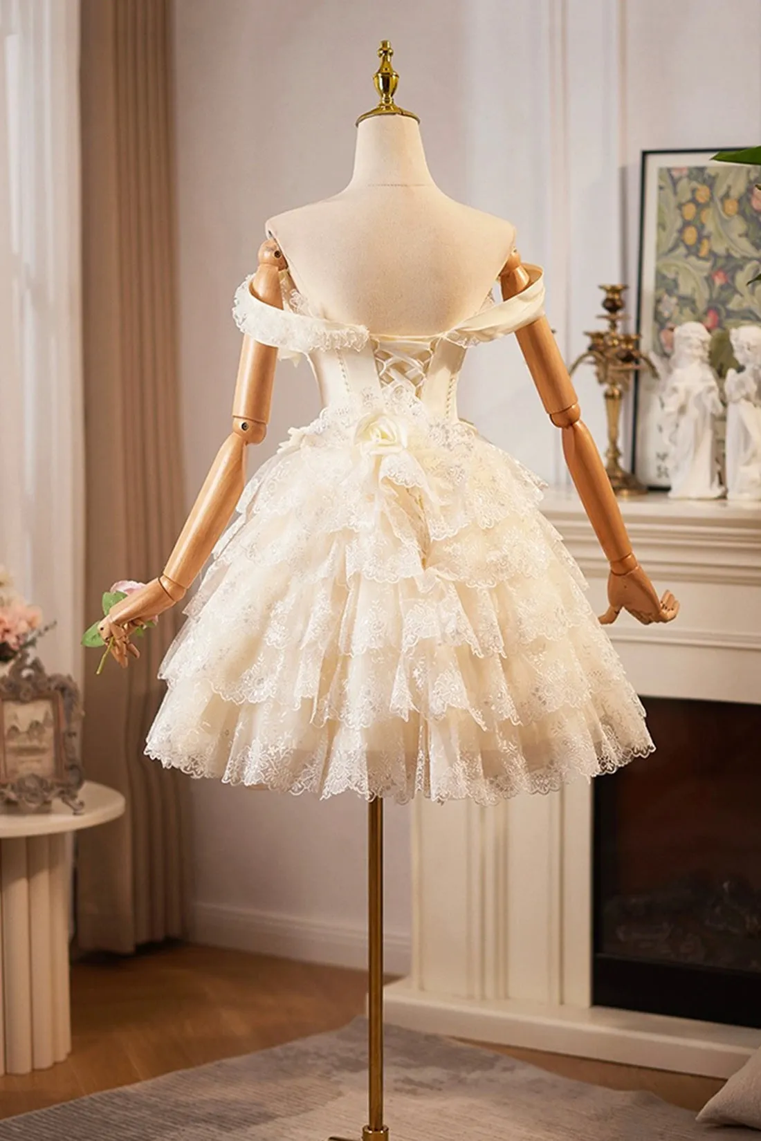 Champagne Tulle Lace Short Prom Dress Homecoming Dress, Lovely A-Line Party Dress