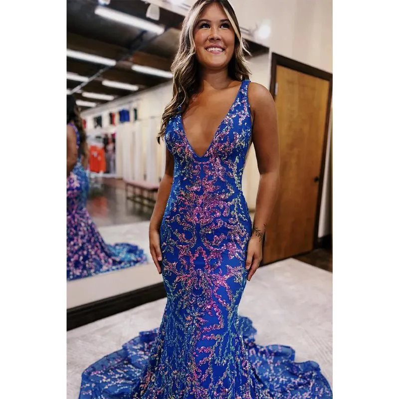 Classic & Timeless Mermaid Sequins V-neck Long Prom Evening Dresses with Appliques