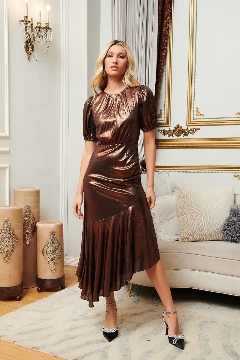 Copper Metallic Asymmetric Maxi Dress