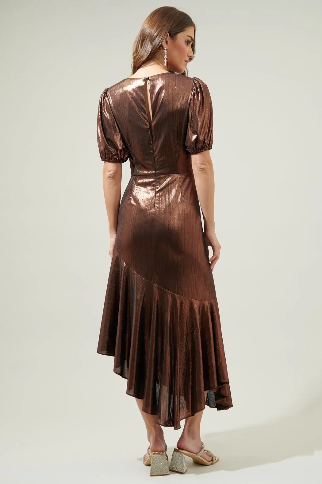 Copper Metallic Asymmetric Maxi Dress