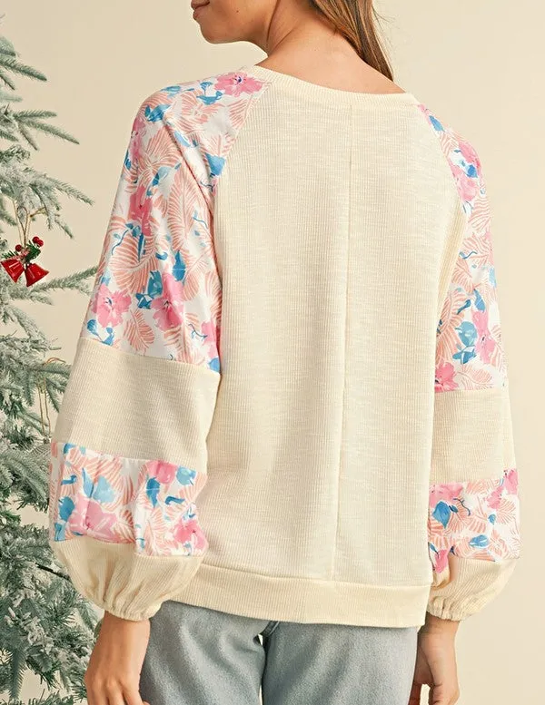 cotton Ribbed Floral Stitch Balloon Pull Over