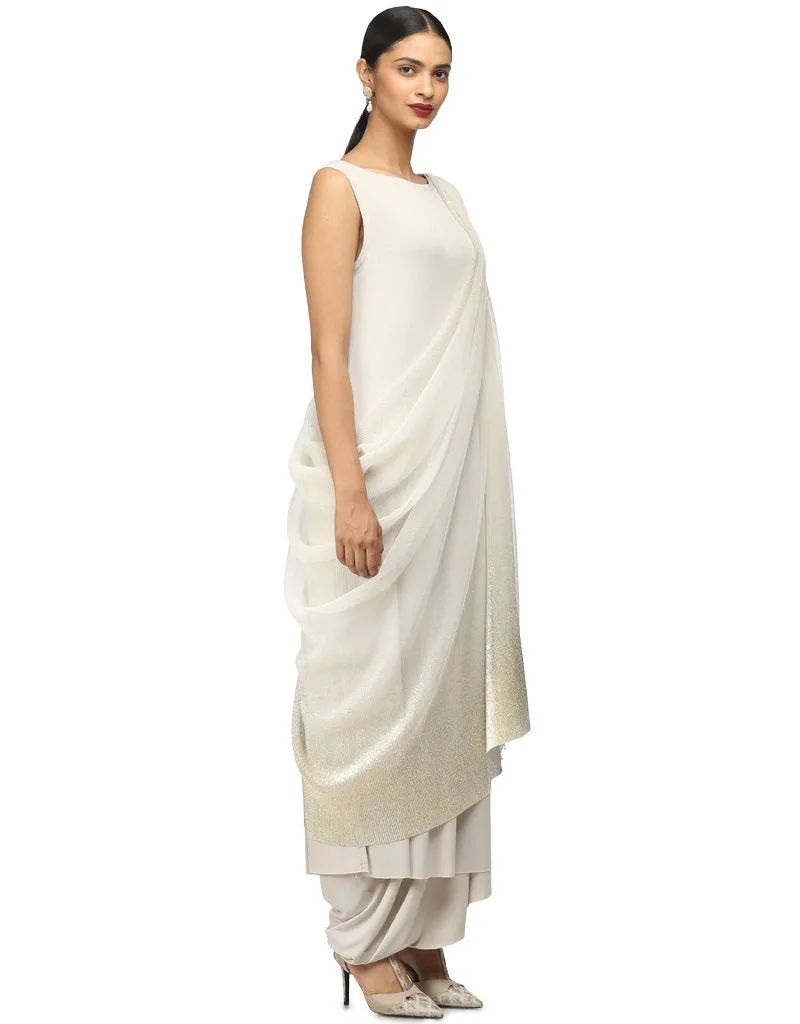 Crinkled Net Tunic with Shoulder Drape- Ivory