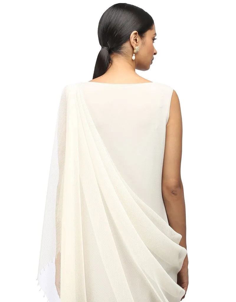 Crinkled Net Tunic with Shoulder Drape- Ivory