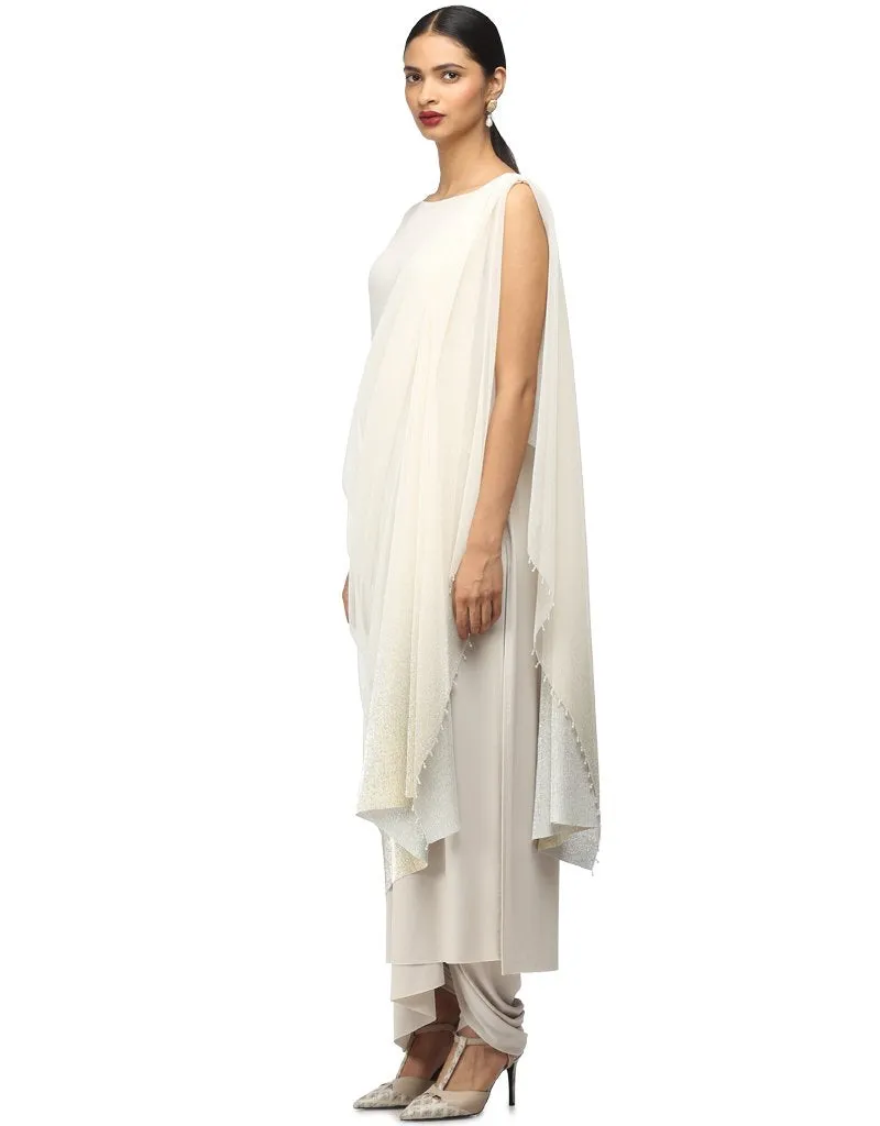 Crinkled Net Tunic with Shoulder Drape- Ivory