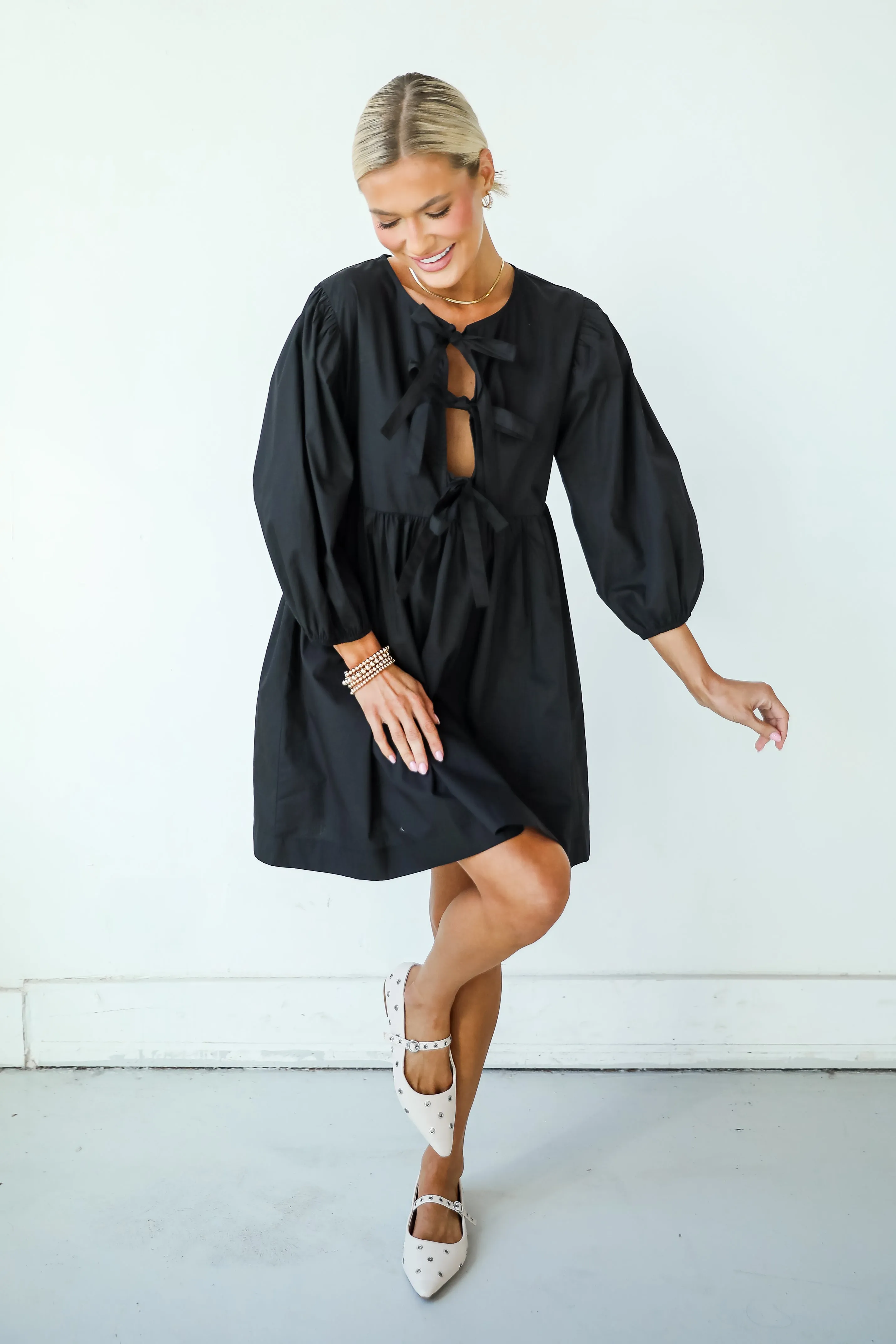 Cute Definition Black Bow Babydoll Mini Dress