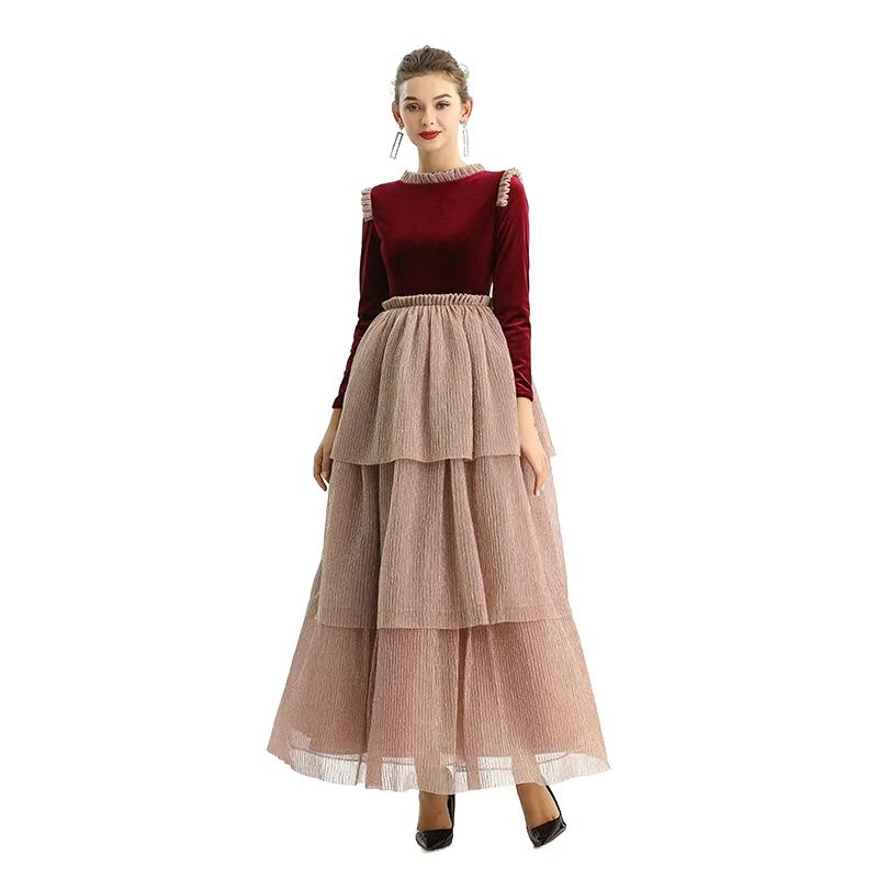 D192 Girls velvet long sleeves tiered flared design maxi tulle gown