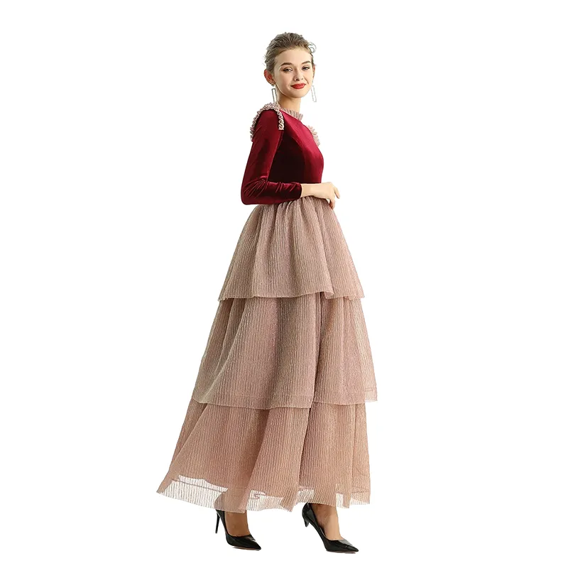 D192 Girls velvet long sleeves tiered flared design maxi tulle gown