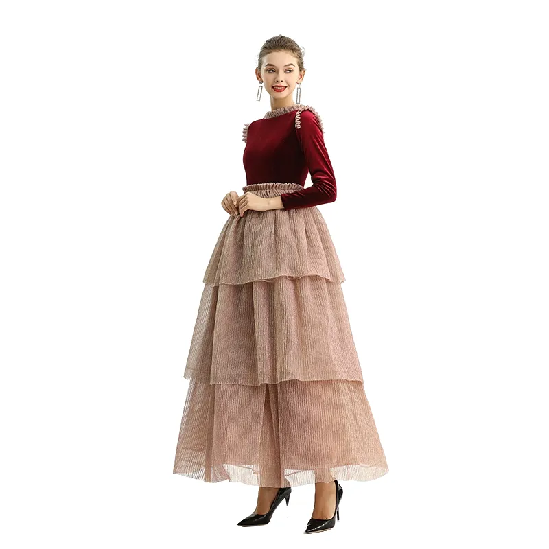 D192 Girls velvet long sleeves tiered flared design maxi tulle gown