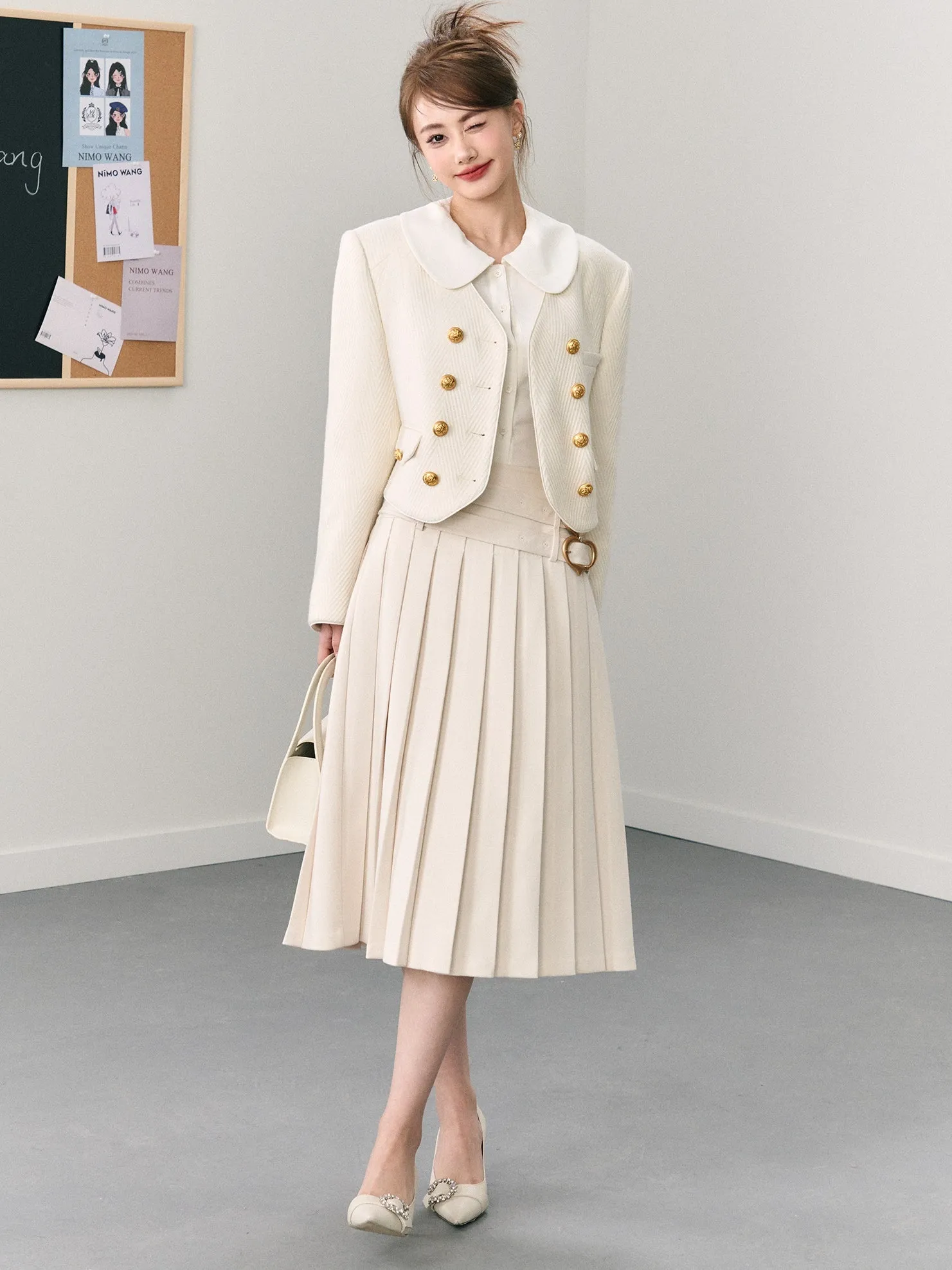Double Belt Pleated Long Skirt