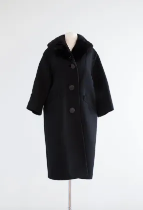 Elegant 1960's Black Wool & Mink Cocoon Coat /  Large