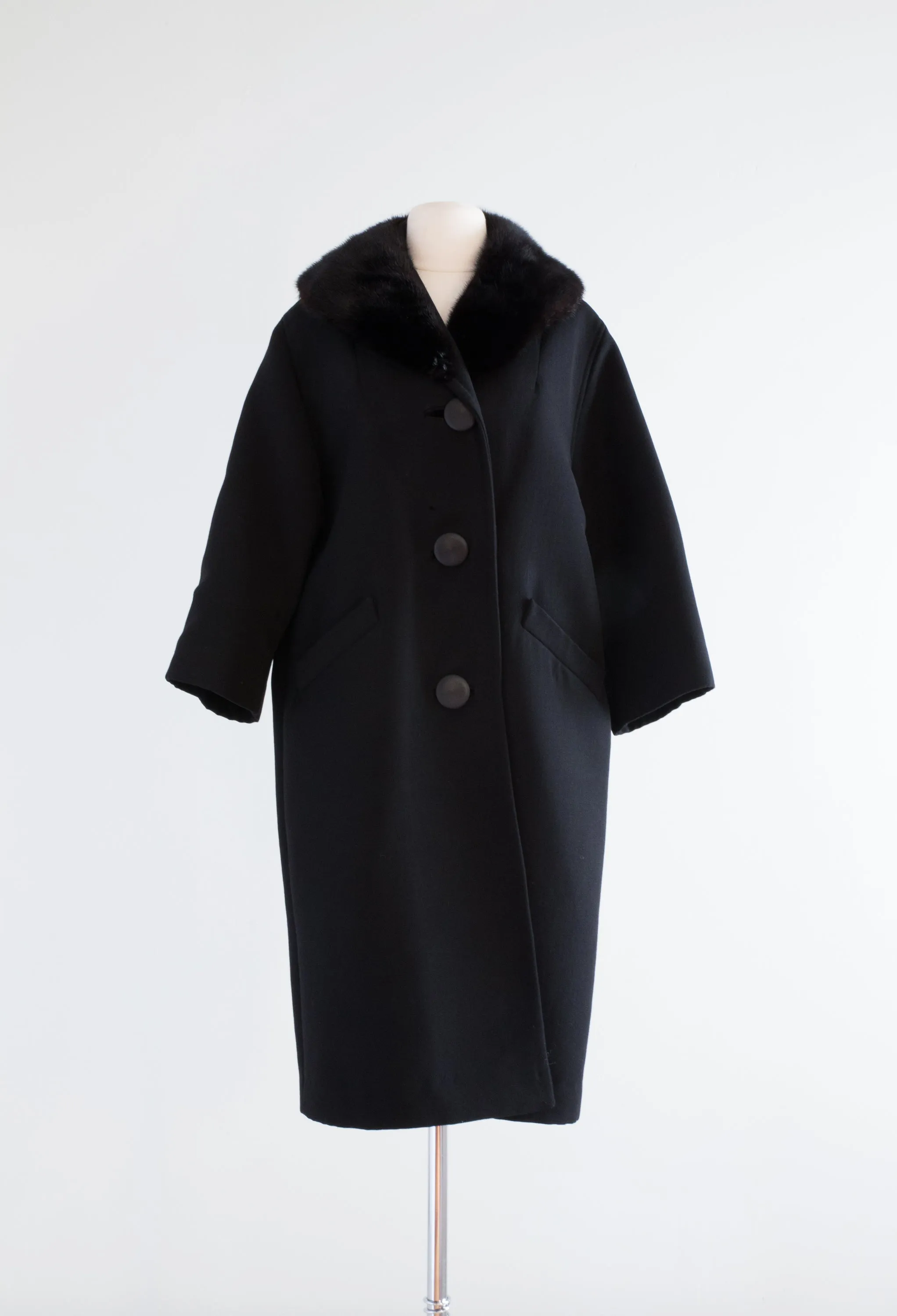 Elegant 1960's Black Wool & Mink Cocoon Coat /  Large