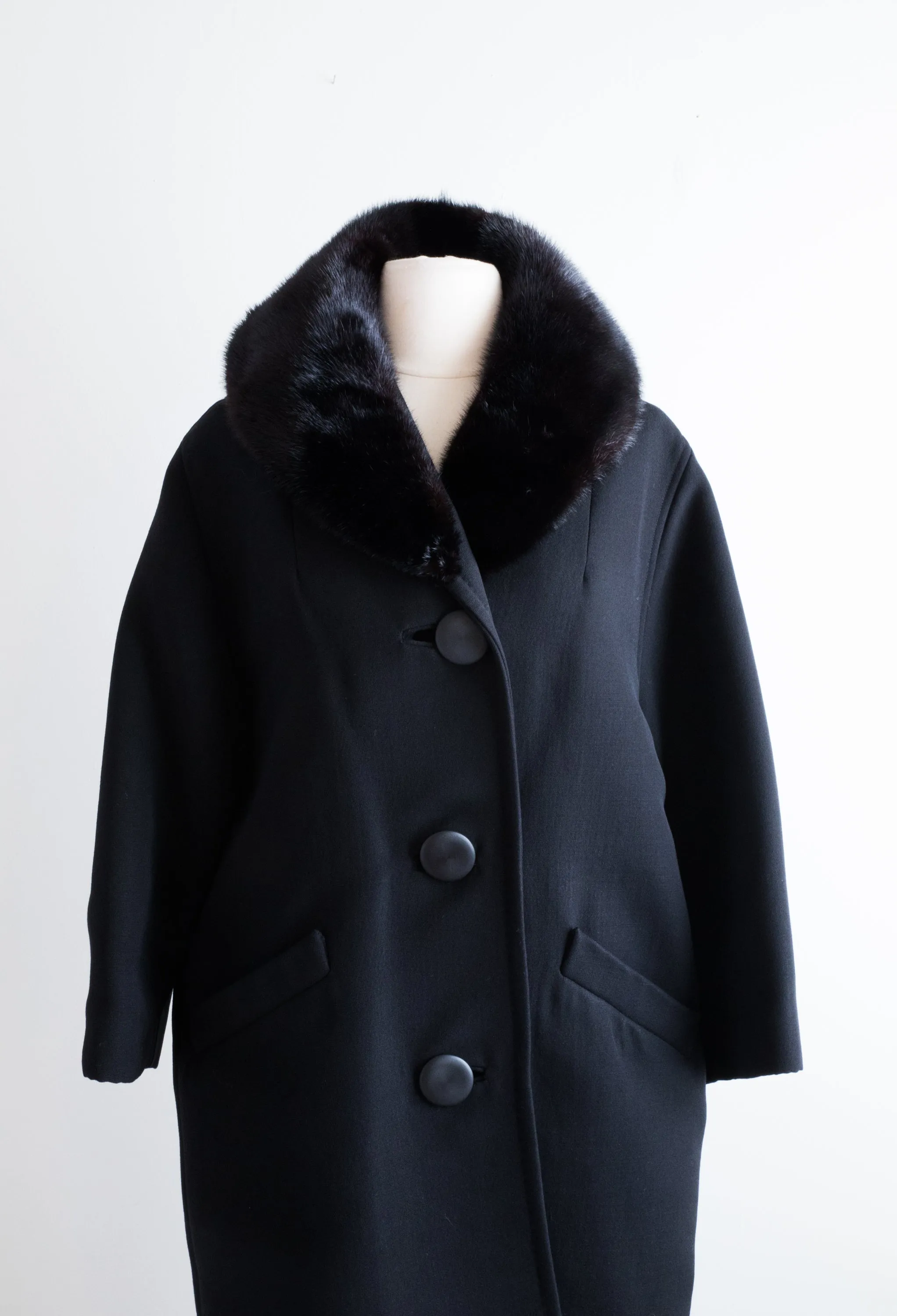 Elegant 1960's Black Wool & Mink Cocoon Coat /  Large