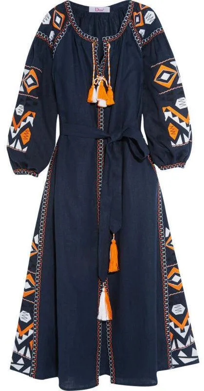 Embroidered Long Tunic Dress with Tassels in Blue