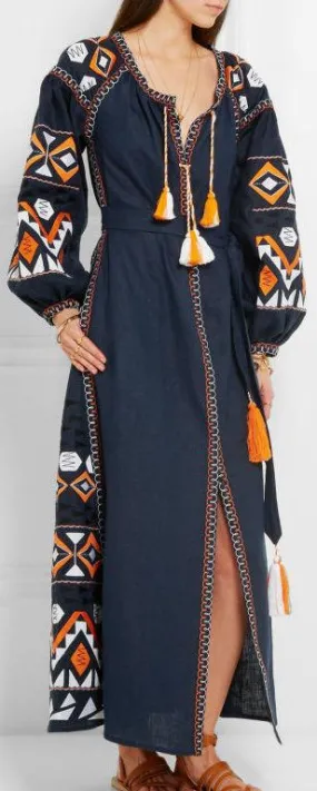 Embroidered Long Tunic Dress with Tassels in Blue