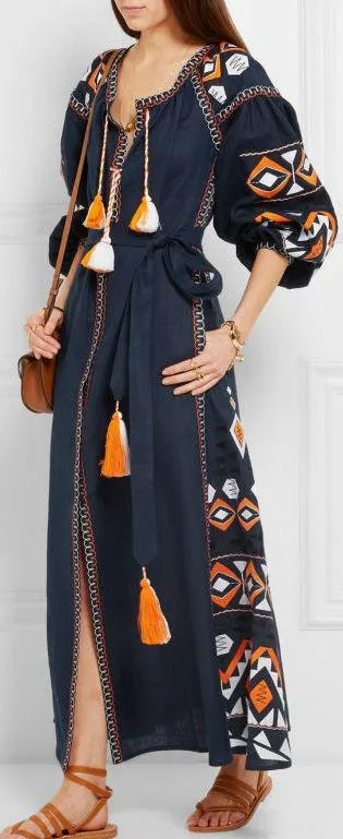 Embroidered Long Tunic Dress with Tassels in Blue