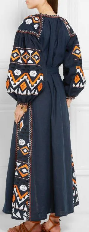 Embroidered Long Tunic Dress with Tassels in Blue