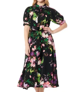 Floral Print Puffed Sleeve Belted A-Line Maxi Dress
